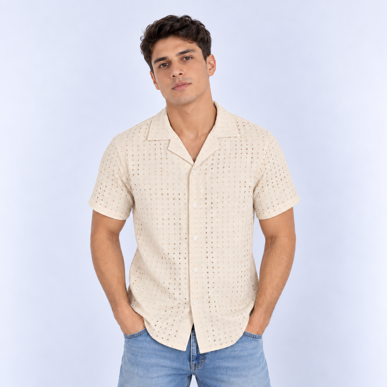 Camisa hombre cuello sport textura