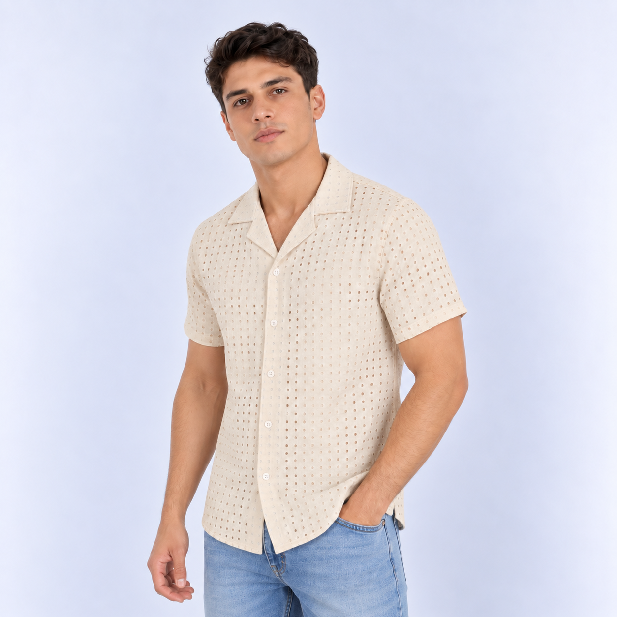 Camisa hombre cuello sport textura
