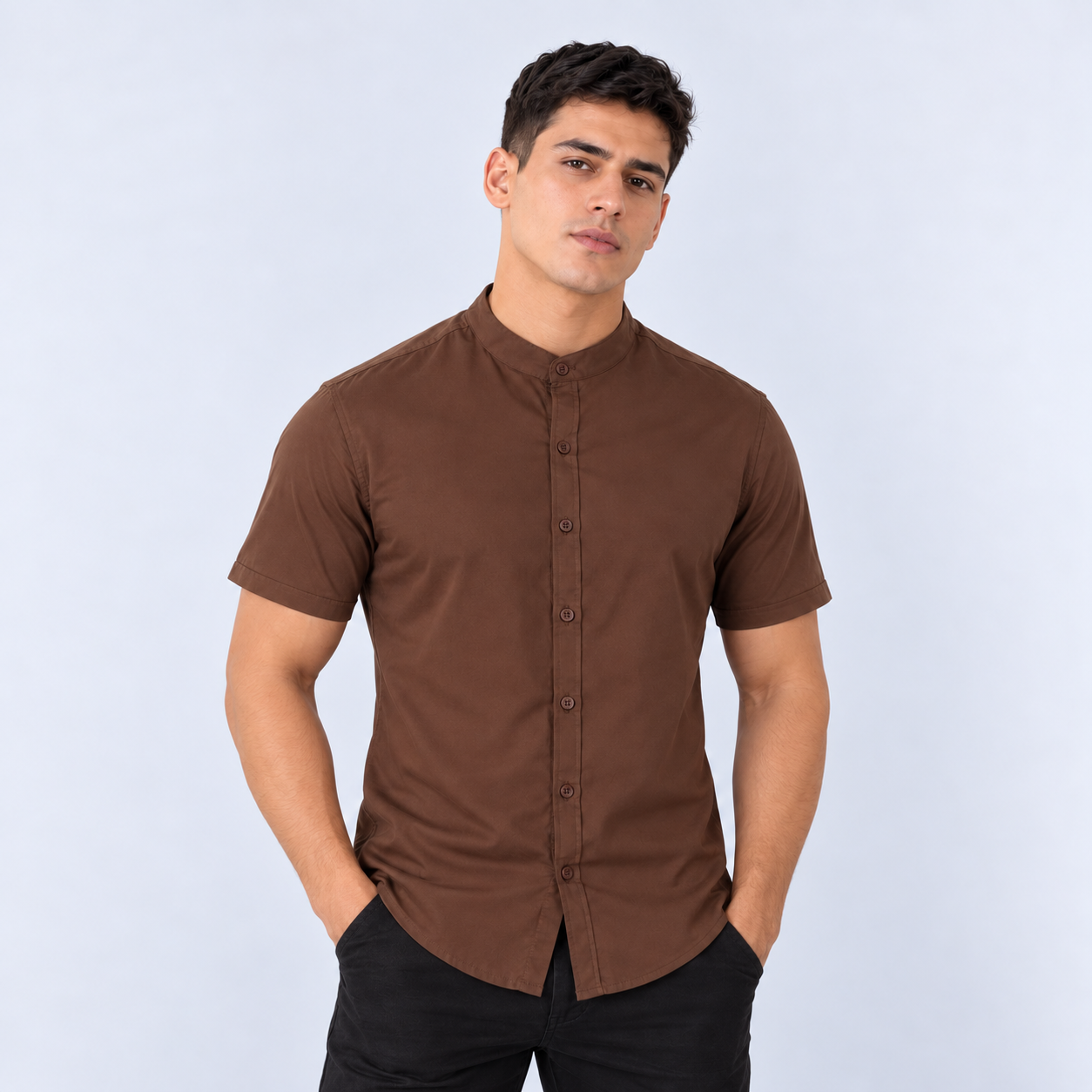 Camisa hombre cuello neru cafe