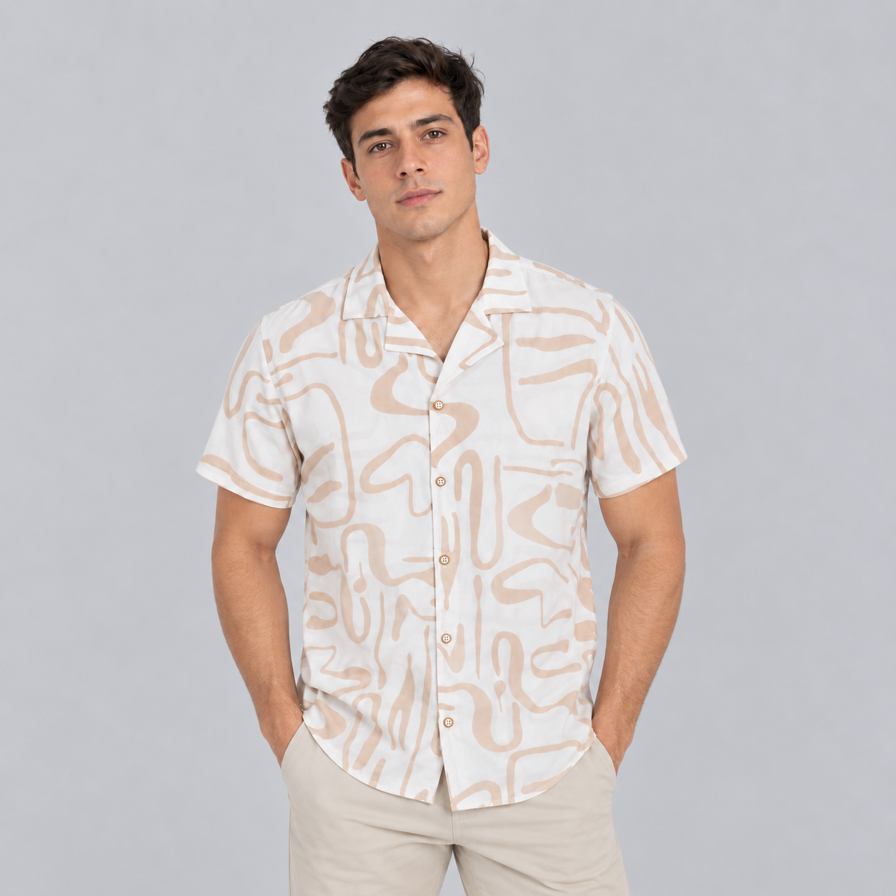 Camisa hombre basica cuello sport beige