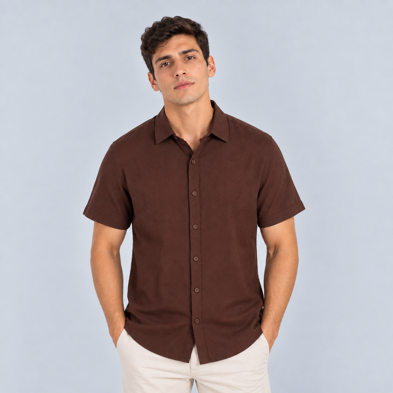 Camisa hombre cuello basica cafe