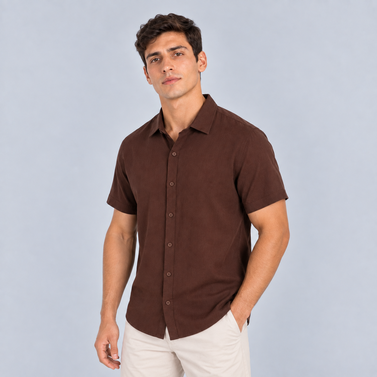 Camisa hombre cuello basica cafe