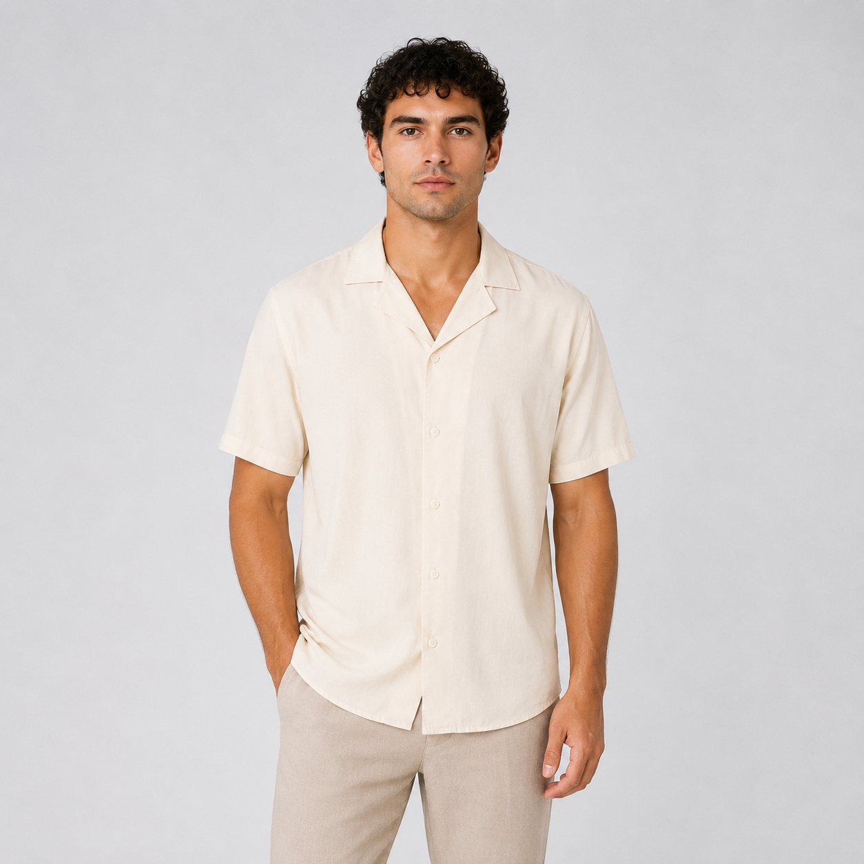 Camisa hombre cuello sport beige
