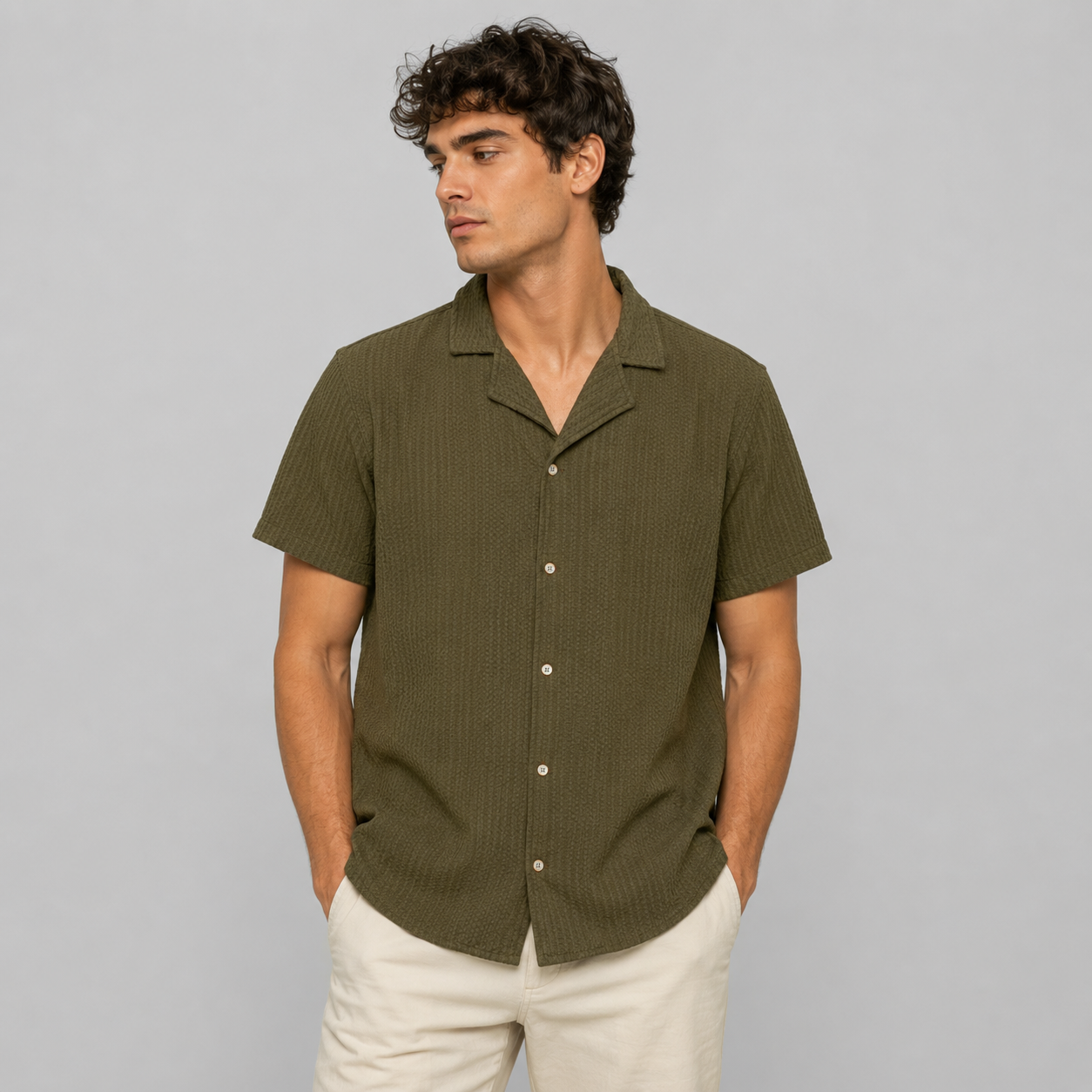 Camisa hombre cuello sport flor verde