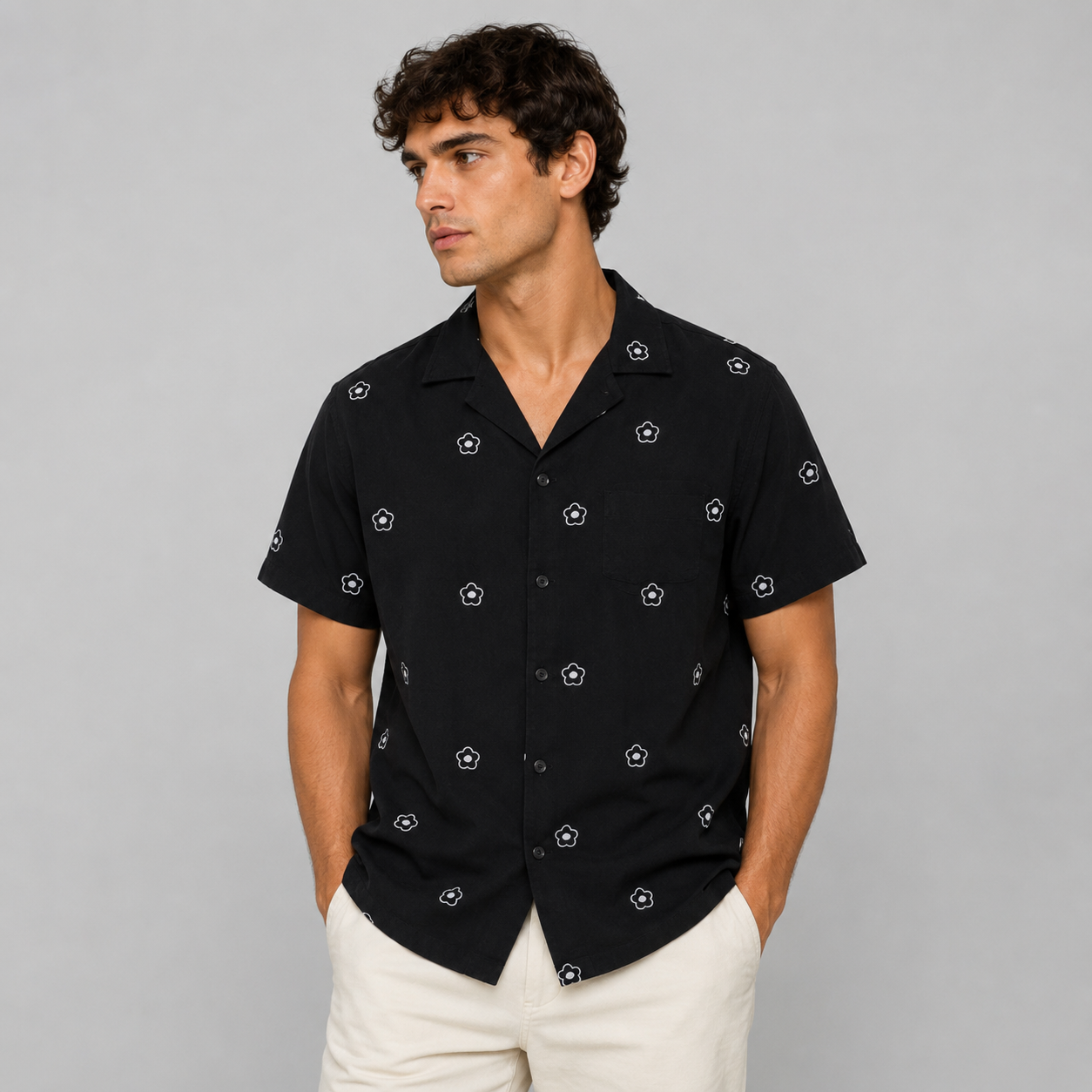 Camisa hombre cuello sport flor negra