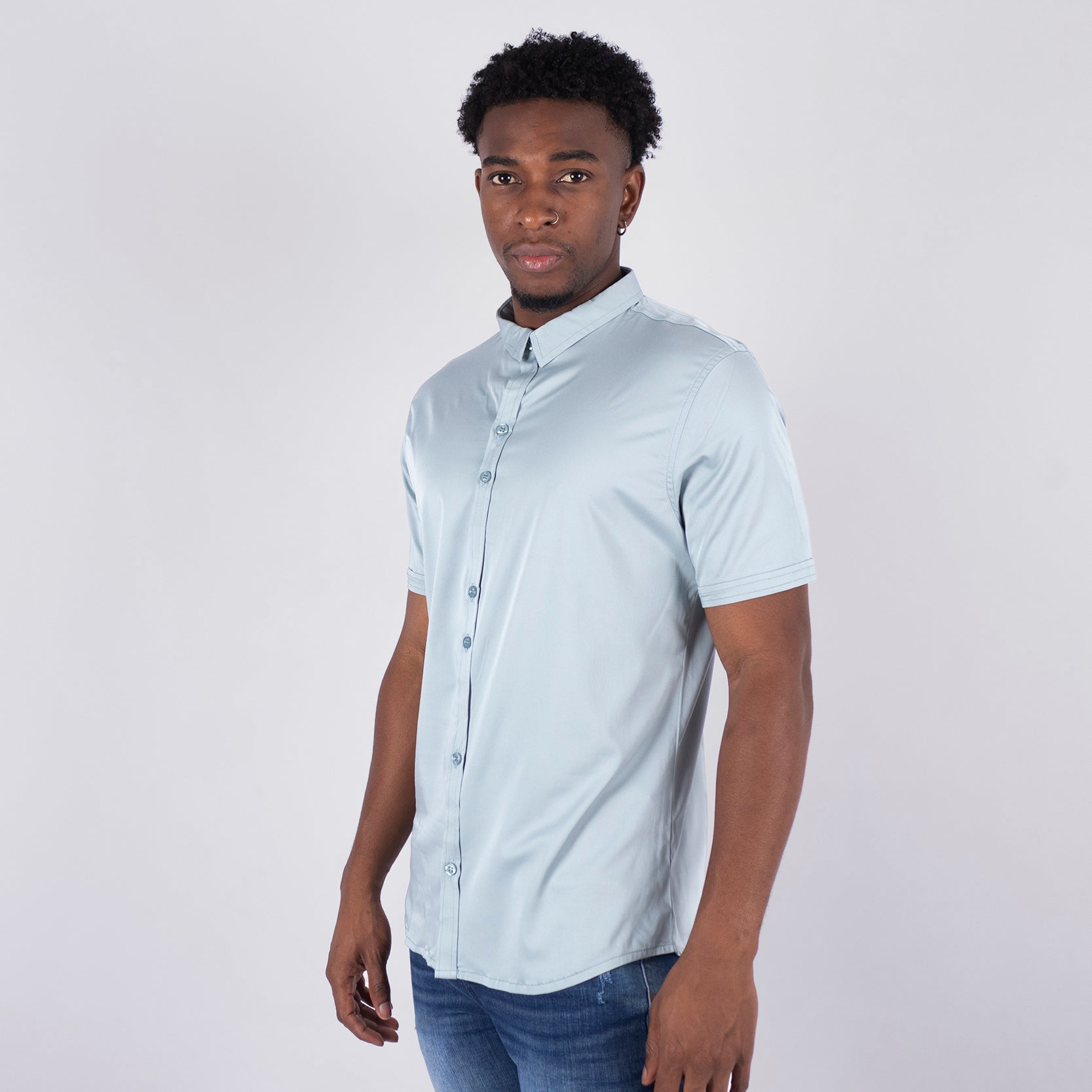 Camisa hombre cuello alto aqua