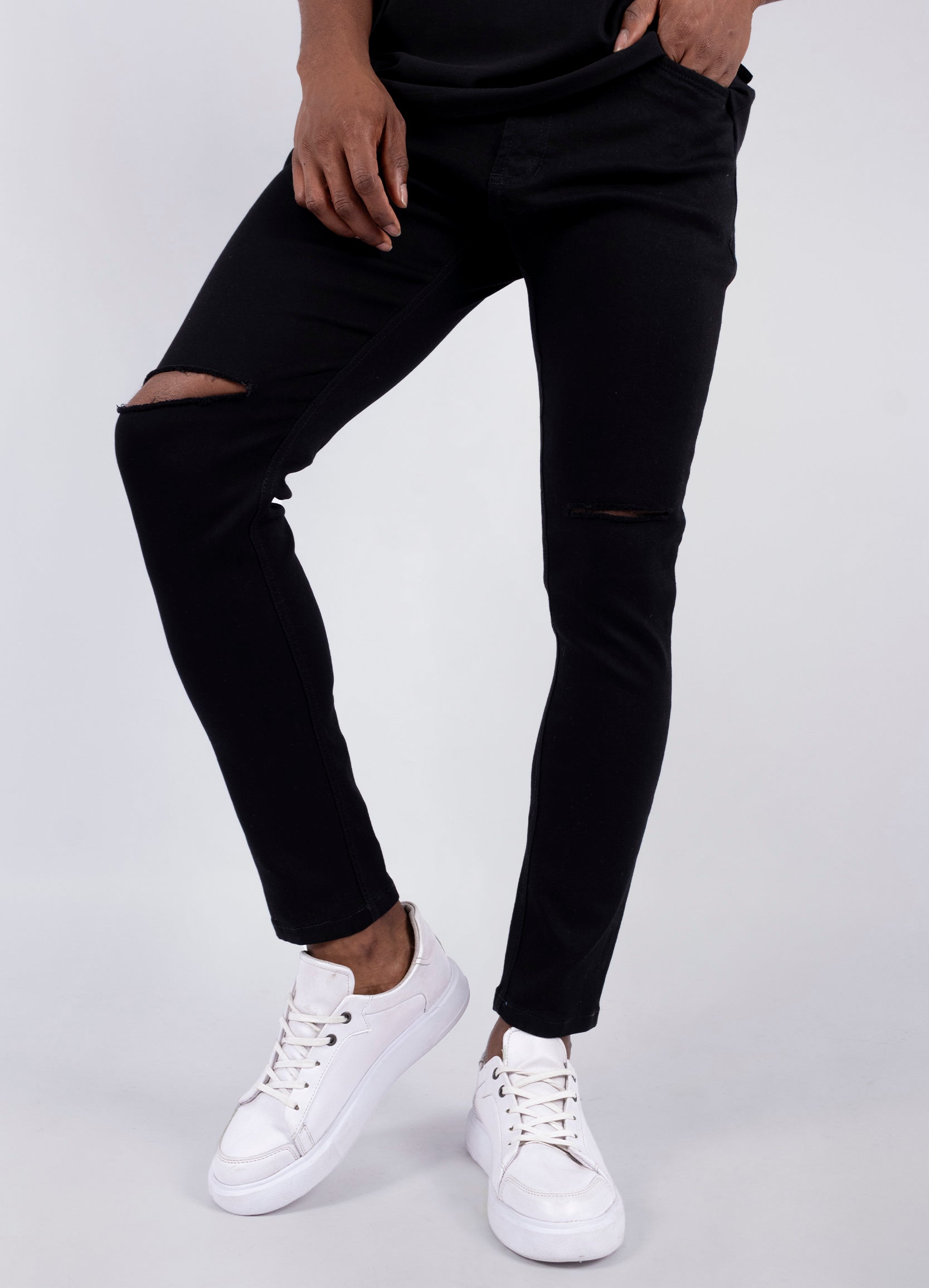 Jean hombre Skinny negro roto rodilla