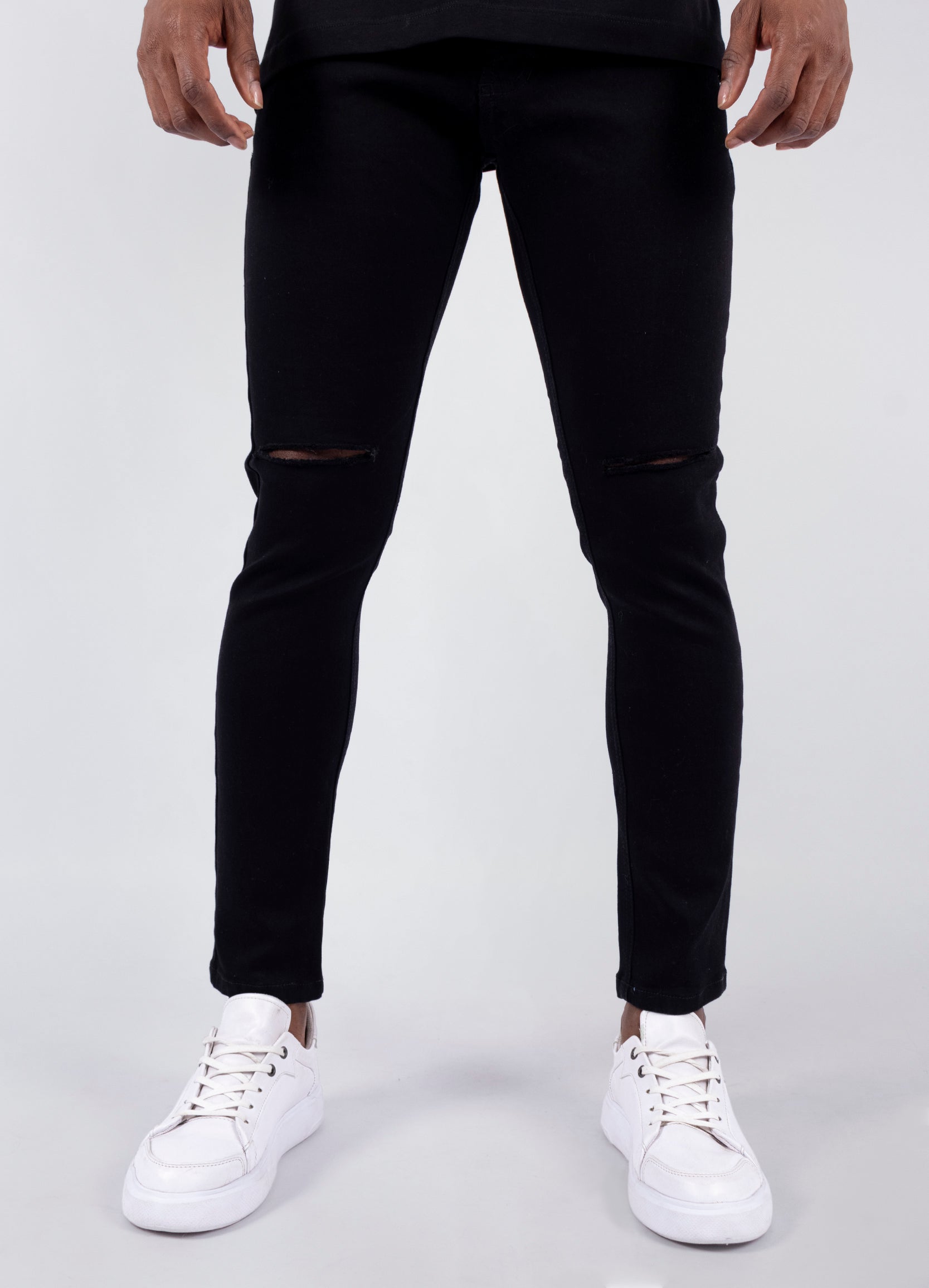 Jean hombre Skinny negro roto rodilla
