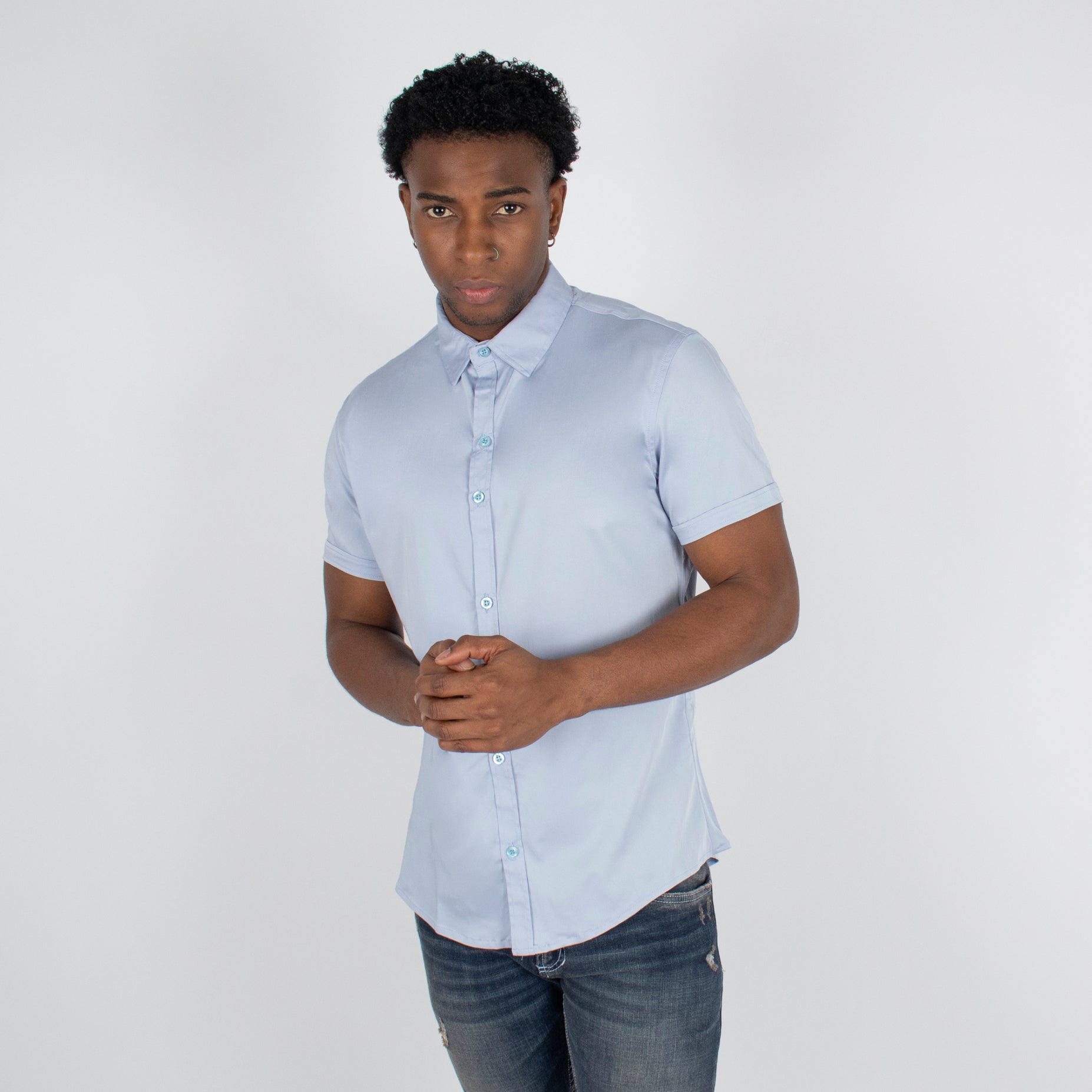 Camisa hombre basica cuello azul