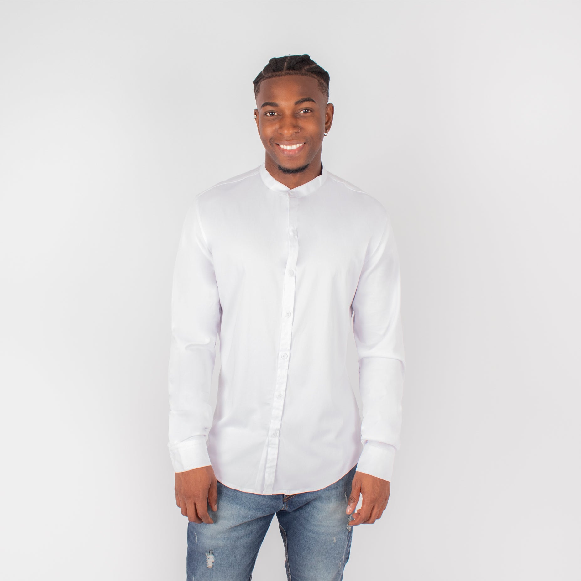 Camisa hombre ML cuello neru blanca