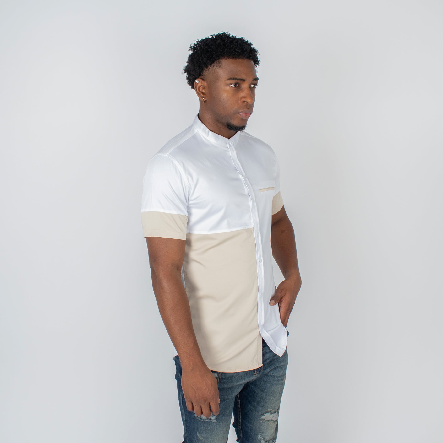 Camisa hombre cortes beige blanco
