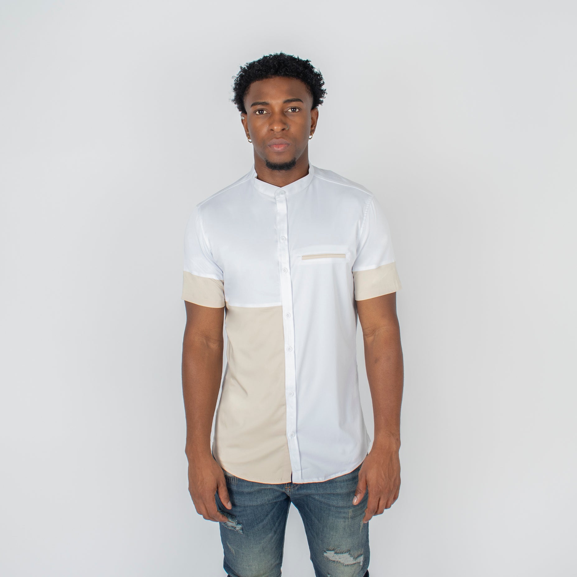 Camisa hombre cortes beige blanco