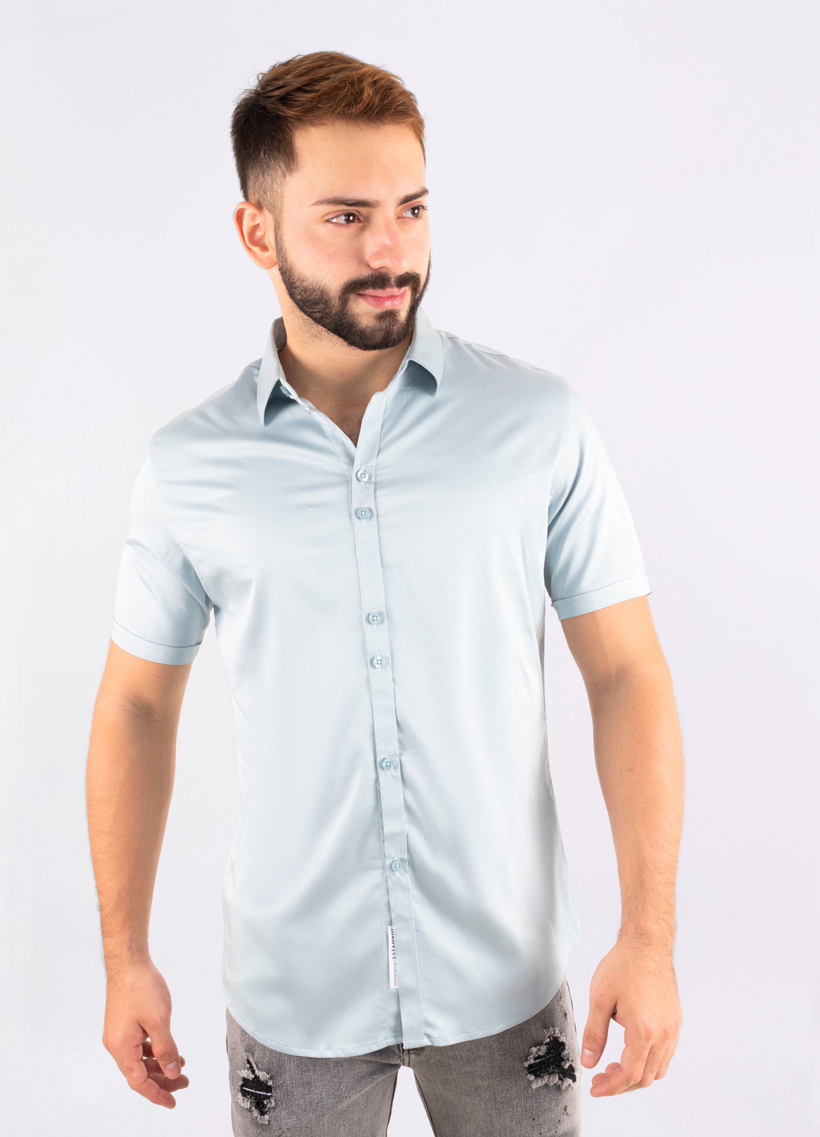 Camisa hombre cuello alto azul claro