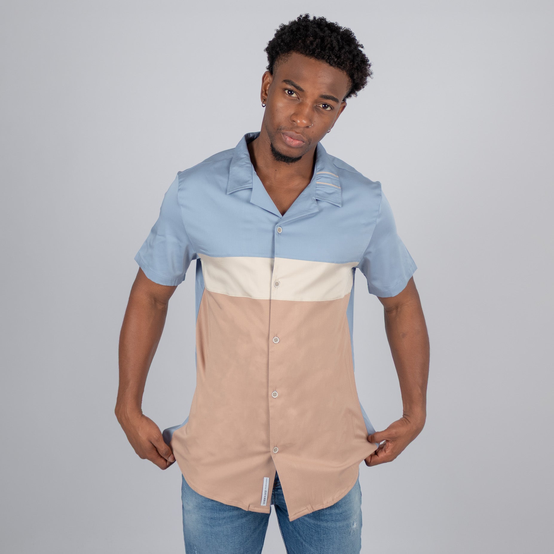 Camisa hombre cortes azul beige